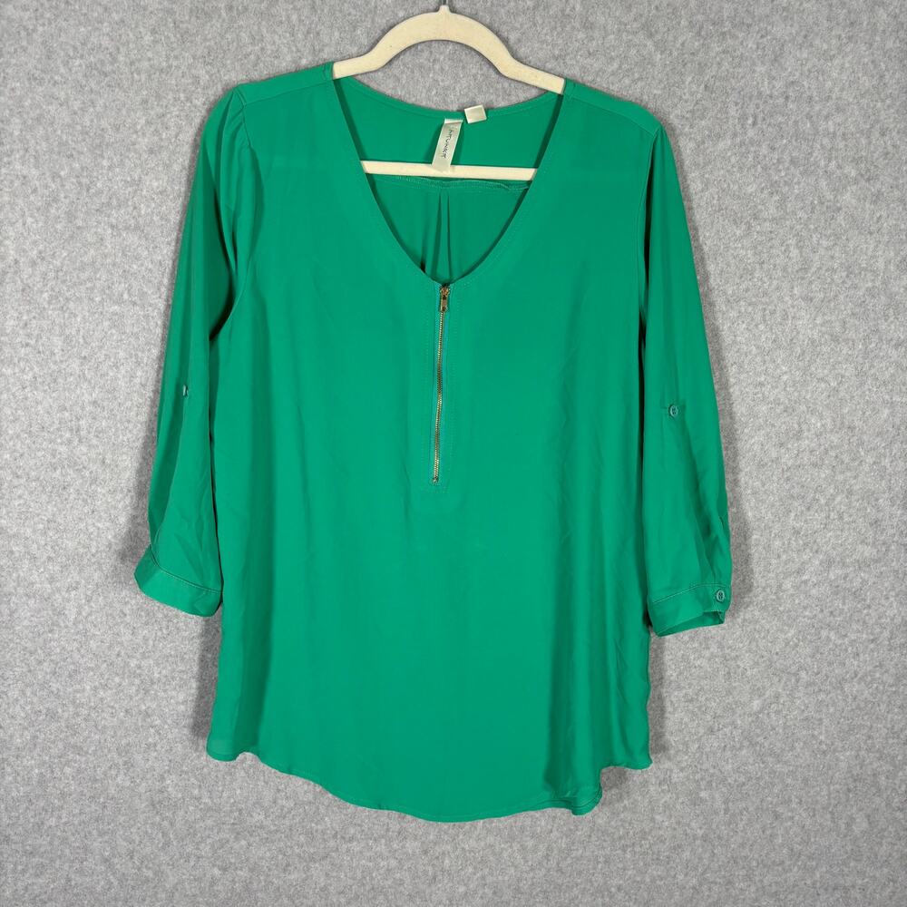 Tacera Blouse‎ Medium Flowy Zip Popover Puff Matcha Kelly Career Church Office